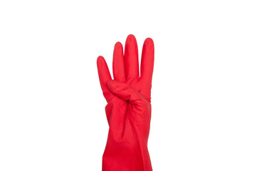 Obraz premium Signs made of red protective gloves. Fingers symbol four. Isolated on white. The concept of cleanliness and order.
