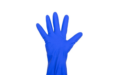 Signs made of blue protective gloves. Fingers symbol five. Isolated on white. The concept of cleanliness and order.