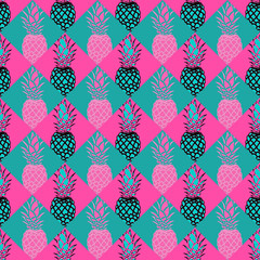 seamless tilable pineapple pattern in bright colors of teal and pink, perfect for fabric, decoupage, homeware, scrapbooking, wallpaper, ribbons