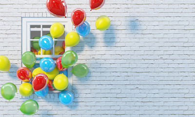 Many colorful balloons fly out from an open window on the background of a white brick wall.  Copy space. 3D render.