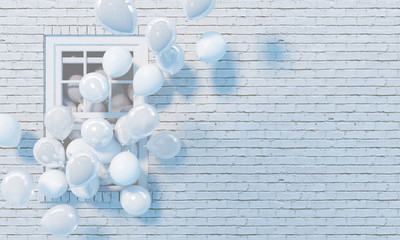 Many white balloons fly out from an open window on the background of a white brick wall. Illustration in monochrome white color. Copy space. 3D render.