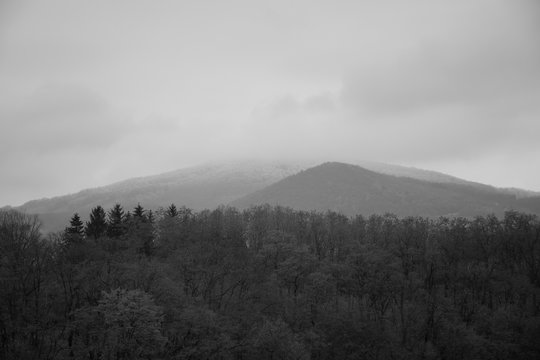 Fototapeta Milesovka mountain in mist in czech central mountains on 19th december 2018