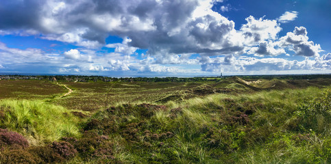Panorama of the island Sylt, Germany, near Kampen as seen from the Uwe Dune. Kampen is a seaside resort on the island Sylt, in the district of Nordfriesland, Schleswig-Holstein. - obrazy, fototapety, plakaty