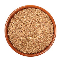 Buckwheat in clay pot isolated on white background, with top view