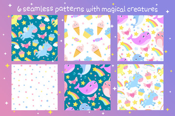 Set of vector seamless patterns with magical creatures