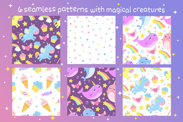 Set of vector seamless patterns with magical creatures