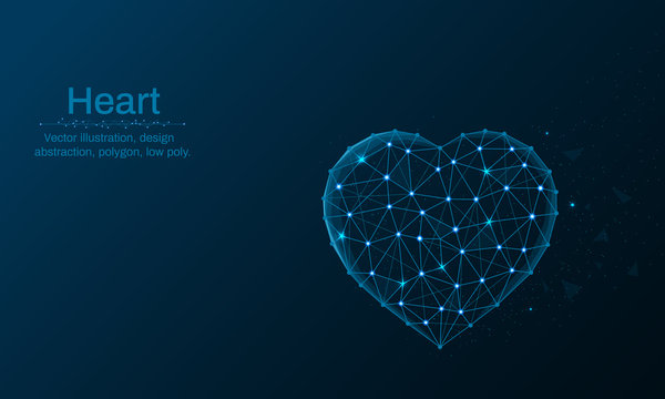 Heart symbol illustration made by points and lines, polygonal, Low poly blue background, abstract design illustration