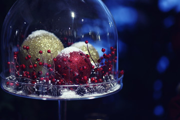 Fototapeta na wymiar christmas home decoration/balls berries and cones under the glass cover