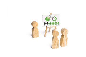 People gathered for a meeting and look at the speech of the leader. Meeting or report for the past period. Analytics and strategy planning. Profit and income analysis, briefing Selective focus