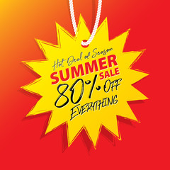 Summer Sale V10 80 percent off  promotion website banner heading design on price tag yellow sun shape vector for banner or poster. Sale and Discounts Concept.