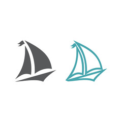 Two vector illustrations the ship with a sail. Set of vector symbols. Rest on the yacht under sails. Flat design Monohrome