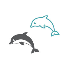 Two vector illustrations dolphins. Set of vector symbols. Kind marine animals. Flat design Monohrome
