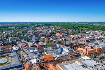 Fototapeta na wymiar Aerial view of Leipzig, Germany, on a sunny day.