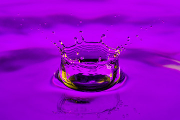 High speed capture of a droplet with crown hitting the water surface in purple and yellow.