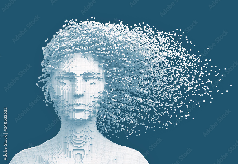 Wall mural White Pixelated Head Of Woman And 3D Pixels As Hair On Blue Background