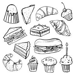 Sandwiches, muffins, cakes and croissants. Hand drawn outline sketch vector set isolated on white background