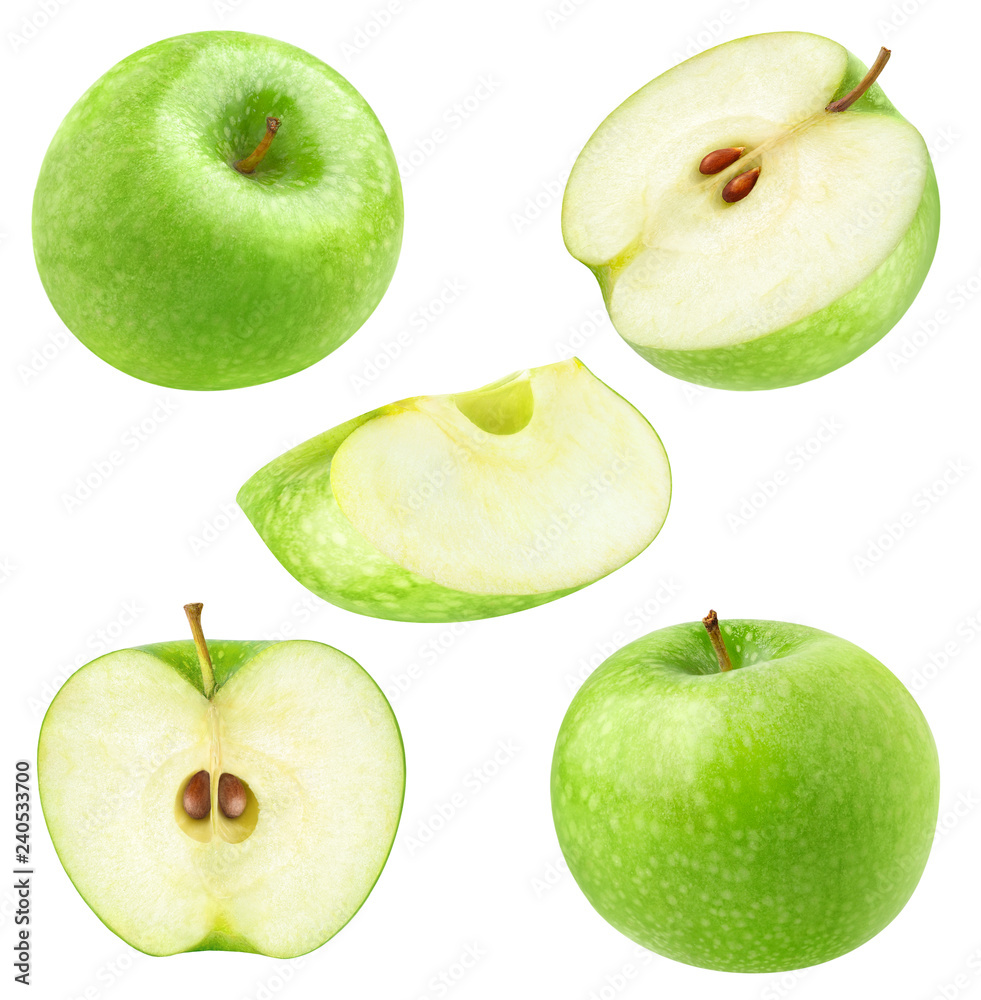 Poster isolated apples. collection of whole and cut green apples isolated on white background with clipping