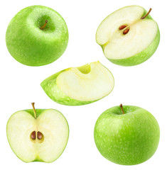 Isolated apples. Collection of whole and cut green apples isolated on white background with...