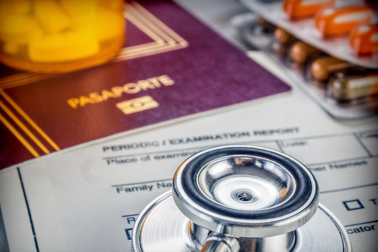 basic medicine elements to travel abroad, conceptual image