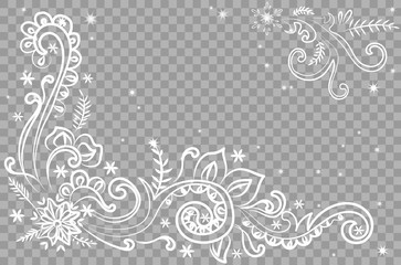 Christmas winter pattern drawn on transparent background. Use for postcards, greetings, book design, advertising. Beautiful winter frame.