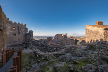 Fototapeta na wymiar View of the ruins of the Montanchez Castle located in Caceres. Extremadura Spain