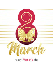 Happy Women's day. 8 March greeting card with elegant Hand lettering, golden butterfly and rhinestones. Vector illustration.
