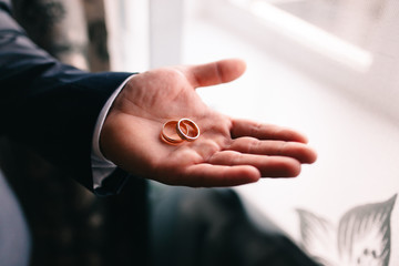 wedding rings in hands of newlyweds