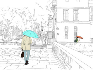 Hand drawn vector illustration. A business man walks in the rain in Paris, France, downtown.