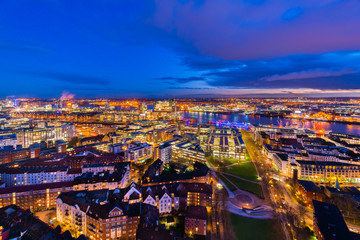 Aerial view of the Harbor District and downtown Hamburg, Germany, at dusk .
