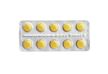 Pills in blister pack on white background, top view