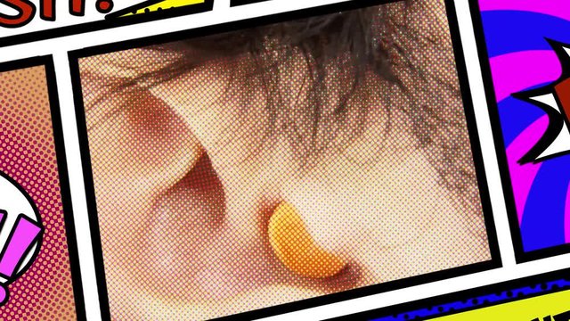 Inside a panel on a comic book page layout: a man inserting and removing a soft foam plug from his ear. Detail shot.
