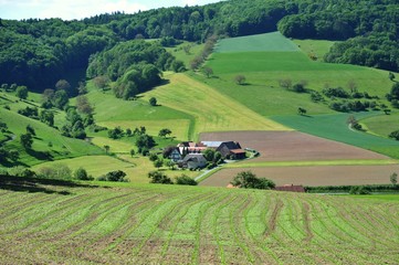 Typischer Bauernhof in einer Talmulde im mittleren Odenwald mit land- und forstwirtschaftlicher...