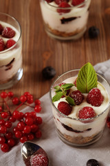 Healthy breakfast with yogurt and granola. Top view.