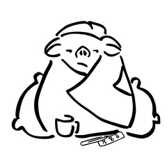 Sick pig in a blanket, pillows and meds.