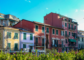 Colorful houses and flower garden