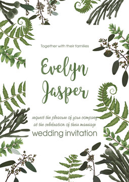 Wedding invite invitation card vector floral greenery design. Fern, eucalyptus, boxwood, botanical green, brunia. Decorative square