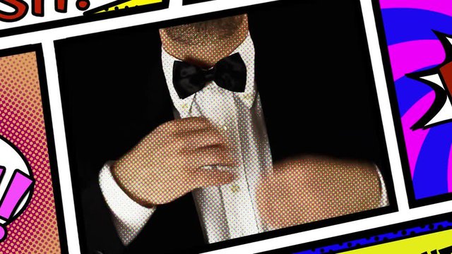 Inside a panel from a comic book page layout: a well-dressed man adjusting his bow-tie.
