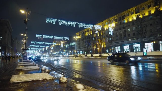 Video of night city traffic on main city street, with a lot of lights 4k UHD