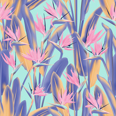 Tropical crane flower vector seamless pattern. Jungle exotic tropical plant fabric design. South African plant tropical blossom of crane flower, strelitzia. Floral textile print.