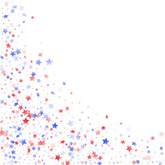 Flying red blue white star sparkles on white vector american patriotic background.
