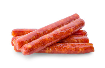 Stack of smoked sausages isolated on a white background