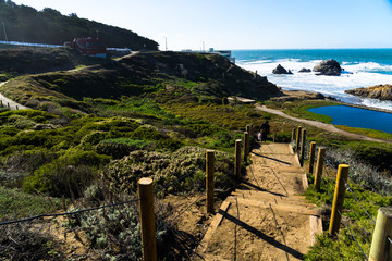 The view of Lands end at San Francisco- San Francisco. summer , cloud , rock , sea, plant.
