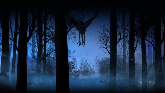 Once Into the Woods Flying Dragon 4K Loop features a camera pan into a parallax wood scene with fog and particles the silhouette of a flying dragon, reminiscent of the Once Upon a Time intro
