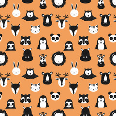 Pattern of scandinavian animals. Orange background. Vector image of fox, deer, owl, sloth, rhino, cat, hippo, giraffe, lion, penguin, hare, raccoon. For card, textile, nursery, baby shower.