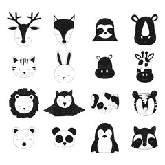 Scandinavian vector children illustration. Hand-drawn cute black animals for baby. Deer, fox, sloth, rhinoceros, cat, hare, hippopotamus, giraffe, lion, owl, dog, tiger, bear, panda, penguin, raccoon
