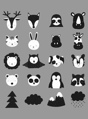 Scandinavian vector illustration. Hand-drawn cute animals. Deer, fox, sloth, rhinoceros, cat, hare, hippopotamus, giraffe, lion, owl, dog, tiger, bear, panda, penguin, raccoon, rain, cloud, mountain
