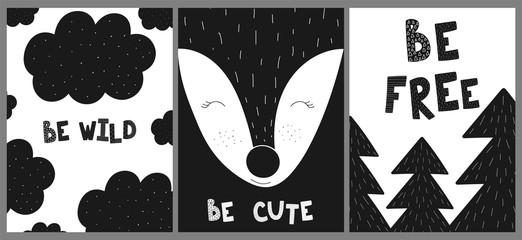 Ð¡ollection of cards, banners, posters for children. Vector black and white hand-drawn scandinavian illustration of cute fox, trees, cloud. Images for baby shower, print, textile, nursery, clothes © Anton