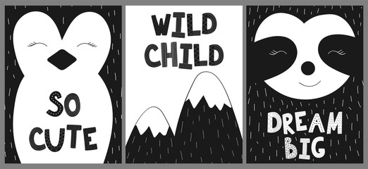 Сollection of cards and posters for children. Vector black and white hand-drawn scandinavian illustration of cute penguin, sloth, mountain. Images for baby shower, print, textile, nursery, clothes