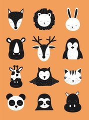 Scandinavian vector children illustration. Hand-drawn baby black and white animals on the orange background. Deer, fox, sloth, rhinoceros, cat, hare, hippopotamus, giraffe, lion, owl, panda, penguin