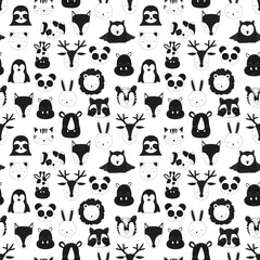 Pattern of scandinavian animals. Vector image of fox, deer, owl, sloth, rhino, cat, hippo, giraffe, lion, penguin, hare, raccoon, dog, bear, tiger. For banner, card, textile, nursery, baby shower.